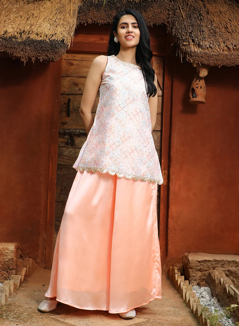  قصة Women's Peach Orange Geometric Kurti With Palazzo For Casual Wear | Round Neck | Sleeveless | 2 Piece Kurta Set Designed With Comfort Fit For Everyday Ethnic Wear